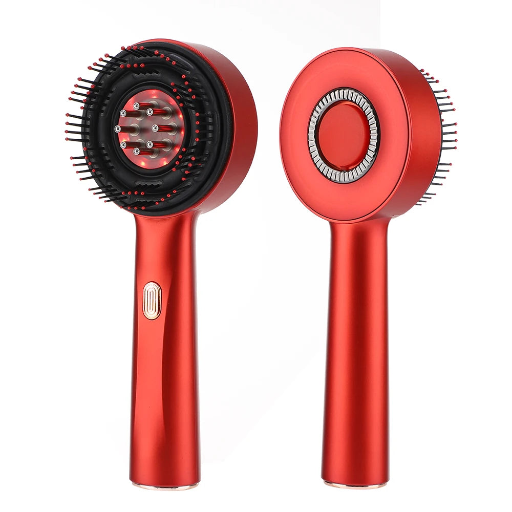 ScalpEase Brush electric scalp massager in red, front and back view